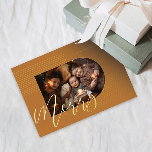 Merry Script Modern Stripe Photo Arch Frame Yellow Foil Holiday Card