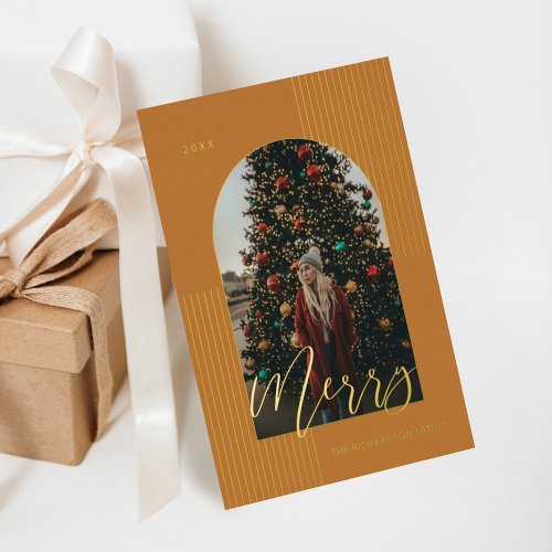 Merry Script Modern Stripe Photo Arch Frame Yellow Foil Holiday Card