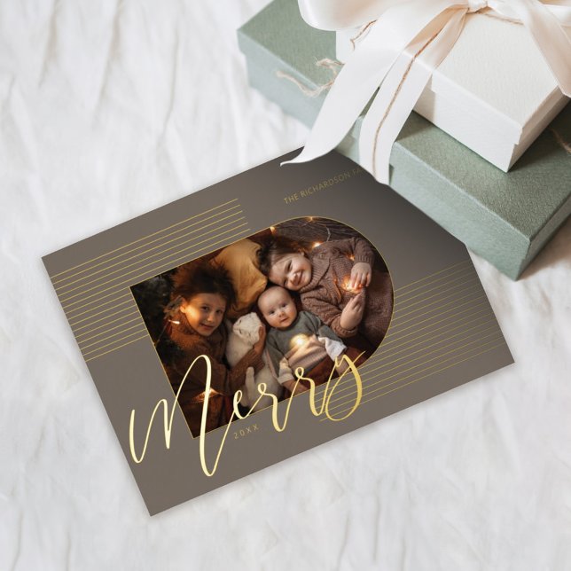Merry Script Modern Stripes Photo Arch Frame Gray Foil Holiday Card (Creator Uploaded)