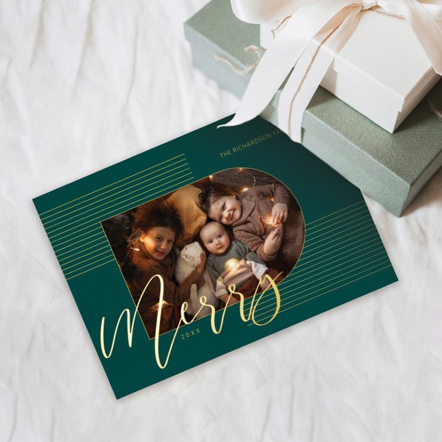 Merry Script Modern Stripes Photo Arch Frame Green Foil Holiday Card (Creator Uploaded)