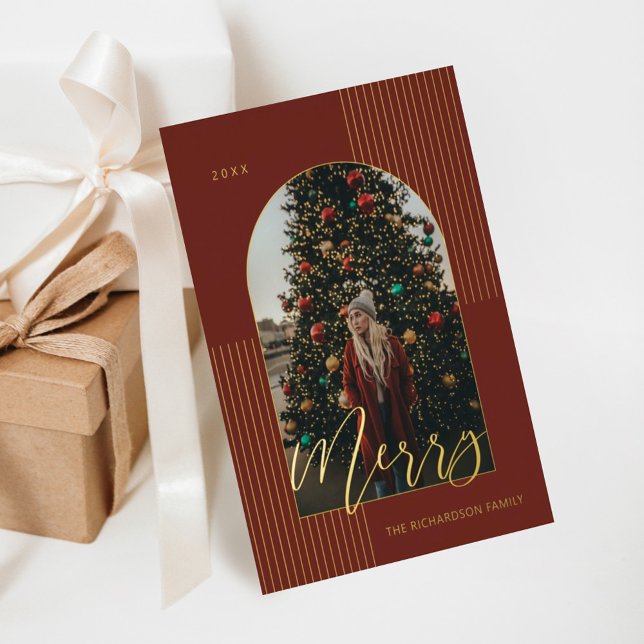 Merry Script Modern Stripes Photo Arch Frame Red Foil Holiday Card (Creator Uploaded)