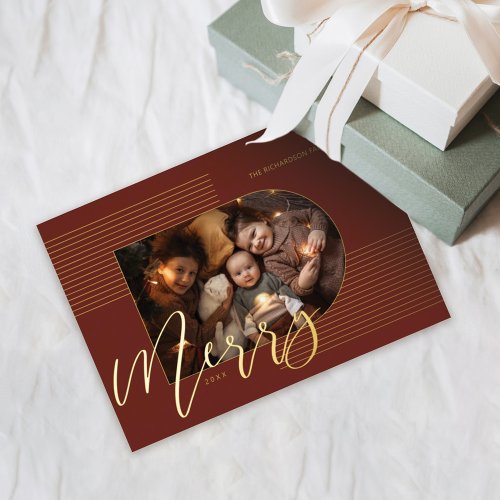 Merry Script Modern Stripes Photo Arch Frame Red Foil Holiday Card