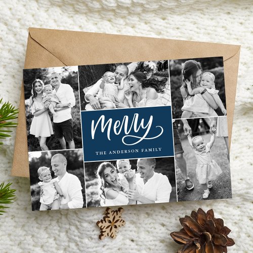 Merry Script Navy Christmas 6 Photo Collage Holiday Card