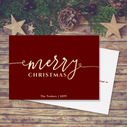 MERRY Script on Dark Red Christmas Gold Foil Holiday Card
