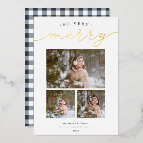 Merry Script  Photo Collage Foil Holiday Card