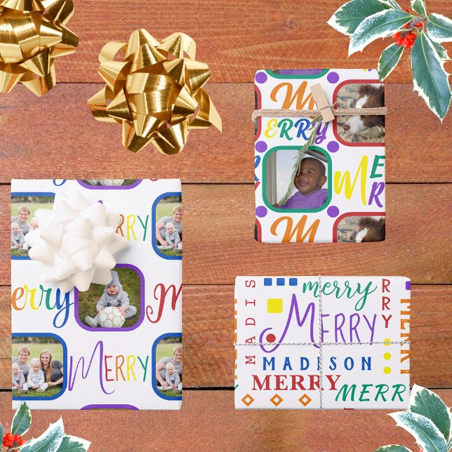 MERRY Script Rainbow On White 4 Photo Christmas Wrapping Paper Sheets (Creator Uploaded)