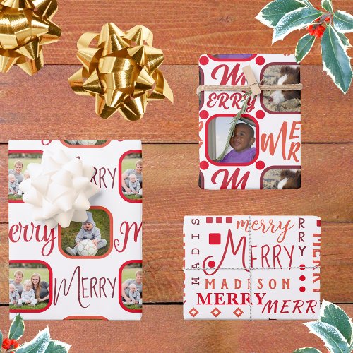 MERRY Script Red On White 4 Photo Christmas Wrappi Wrapping Paper Sheets
