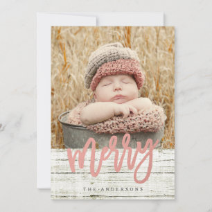 Merry Script Rose Gold Foil Rustic Wood Photo Holiday Card