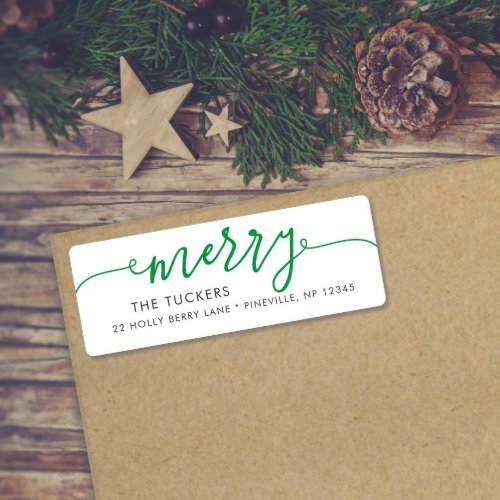 MERRY Script Simple Green Christmas Return Address Label