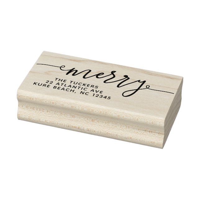 MERRY Script Simple Red Christmas Return Address Rubber Stamp (Stamp)