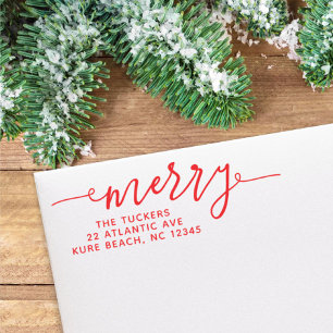 MERRY Script Simple Red Christmas Return Address Self-inking Stamp