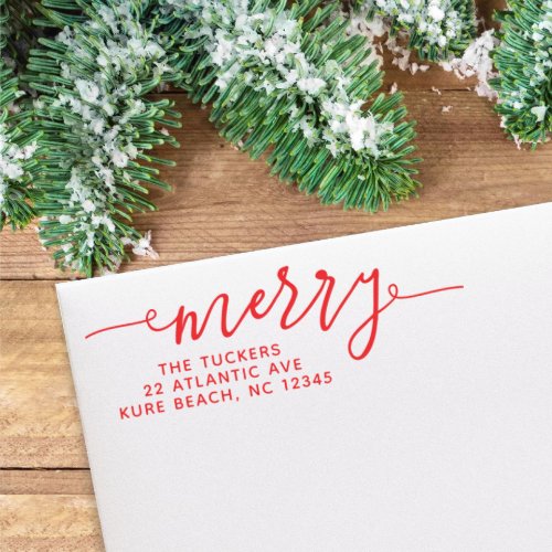 MERRY Script Simple Red Christmas Return Address Self_inking Stamp