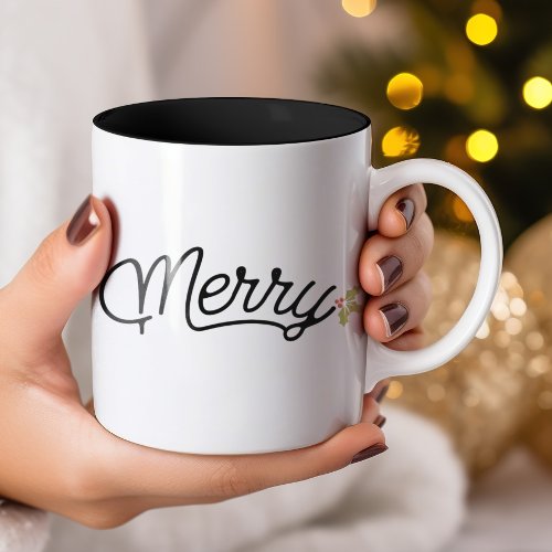 Merry Script Typography Christmas Two_Tone Coffee Mug