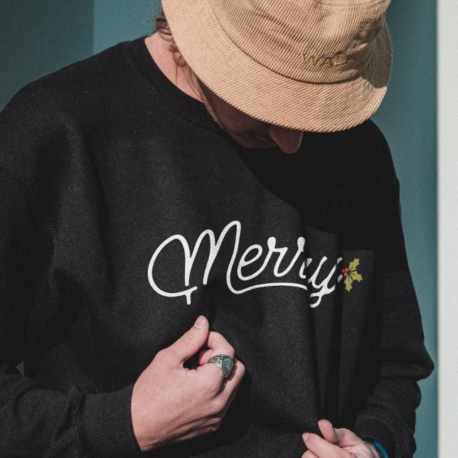 Merry Script Typography Minimalist Christmas  Sweatshirt (Merry Script Typography Minimalist Christmas Sweatshirt - Black)