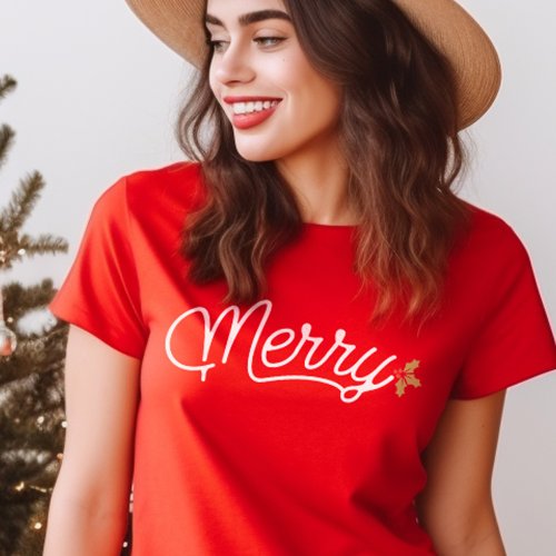 Merry Script Typography Minimalist Christmas  T_Shirt