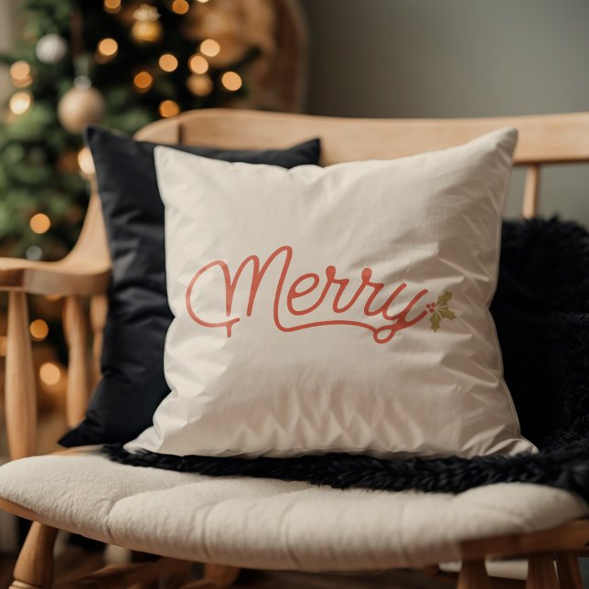 Merry Script Typography Minimalist Christmas  Throw Pillow (Merry Script Typography Minimalist Christmas Throw Pillow)