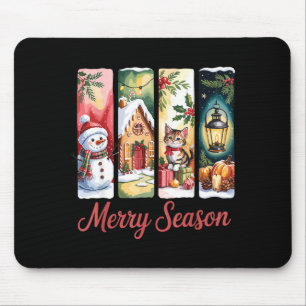 Merry Season Festive Snowman Cat Gingerbread House Mouse Pad