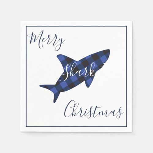 Merry Shark Christmas Blue Plaid Script Napkins
