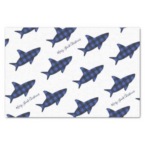 Merry Shark Christmas Plaid Blue Black White Tissue Paper
