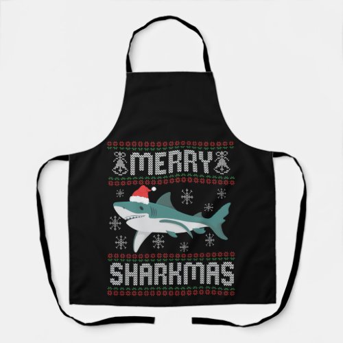 Merry Sharkmas Funny Christmas Shark Ugly Sweater Apron