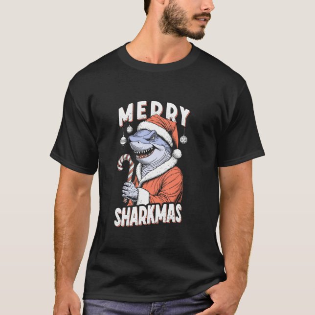 Merry Sharkmas Funny Shark Santa Claus Candy Cane  T-Shirt (Front)