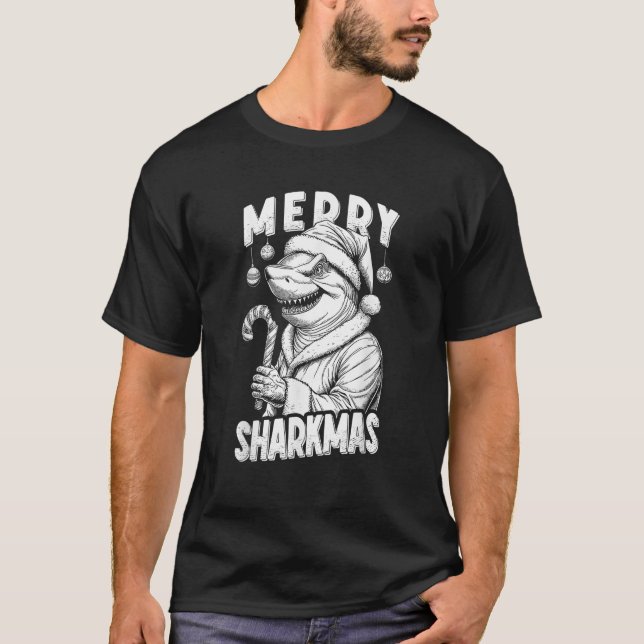 Merry Sharkmas Funny Shark Santa Claus Candy Cane  T-Shirt (Front)