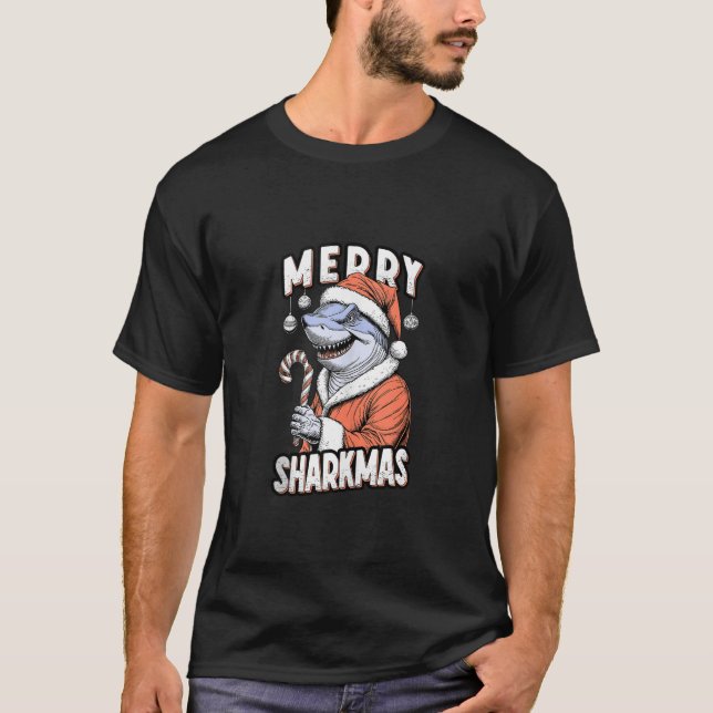 Merry Sharkmas Funny Shark Santa Claus Candy Cane  T-Shirt (Front)