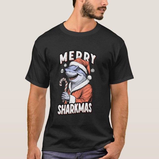 Merry Sharkmas Funny Shark Santa Claus Candy Cane  T-Shirt (Front)