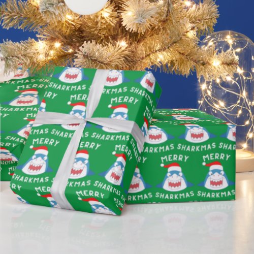 Merry Sharkmas Pattern Funny Santa Shark Christmas Wrapping Paper