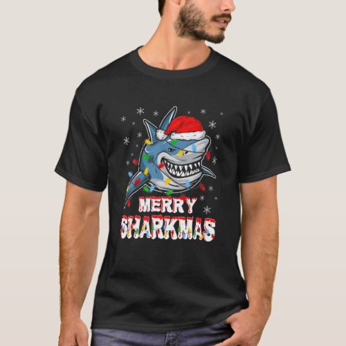 Merry Sharkmas Santa Christmas Sharks Lover Lights T_Shirt