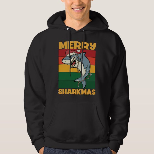 Merry Sharkmas Secret Santa Shark Christmas Lights Hoodie (Front)