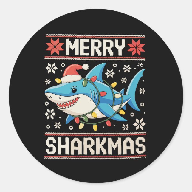 Merry Sharkmas Shark Christmas Ugly Xmas Lights Classic Round Sticker (Front)