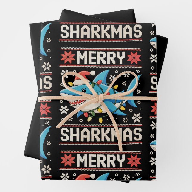 Merry Sharkmas Shark Christmas Ugly Xmas Lights Wrapping Paper Sheets (In situ)