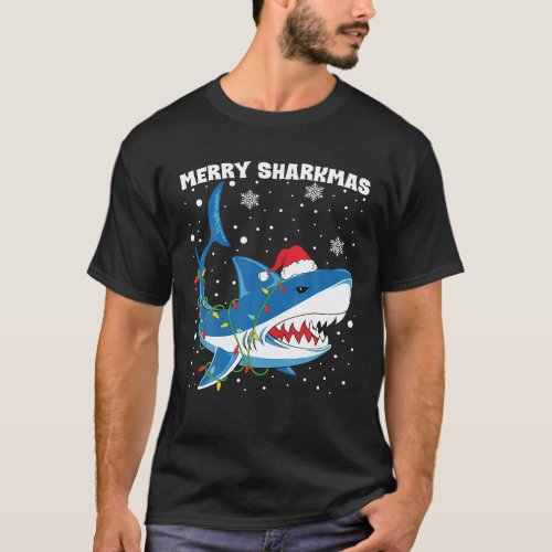 Merry Sharkmas Shark Santa Christmas Lights Boys T_Shirt