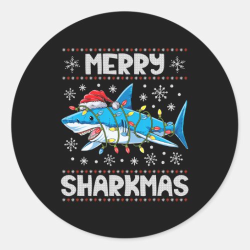 Merry Sharkmas Shark Santa Ugly Christmas Lights B Classic Round Sticker