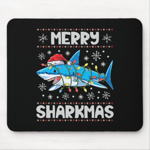 Merry Sharkmas Shark Santa Ugly Christmas Lights B Mouse Pad