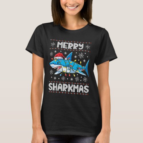 Merry Sharkmas Shark Santa Ugly Christmas Lights B T_Shirt