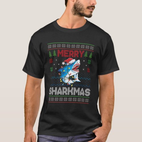 Merry Sharkmas Shark Santa Ugly Christmas Lights B T_Shirt