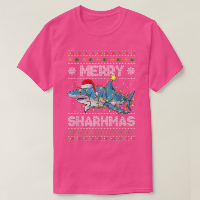 Merry Sharkmas Shark Santa Ugly Christmas Lights B T-Shirt (Design Front)