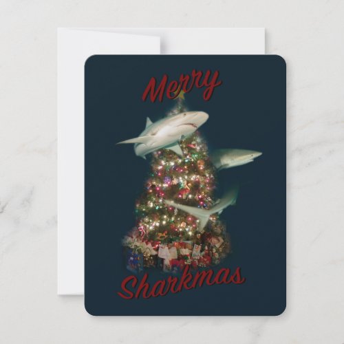 Merry Sharkmas Sharks Around the Christmas Tree Holiday Card