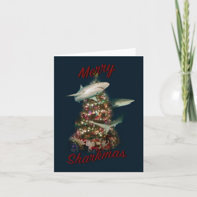 Merry Sharkmas Sharks Around the Christmas Tree Holiday Card (Front)