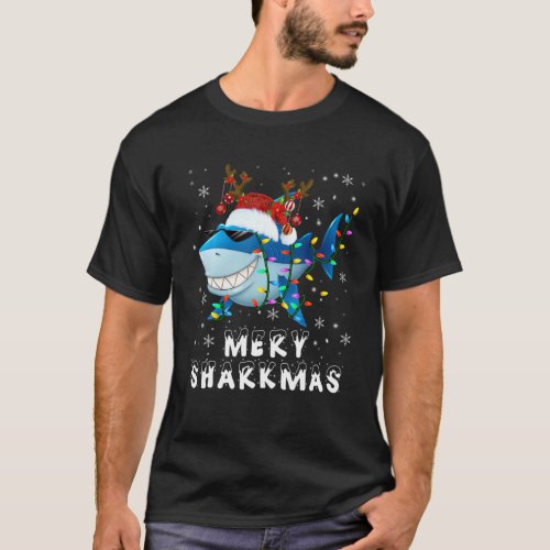 Merry Sharkmas Xmas Lights Santa Reindeer Shark Su T_Shirt