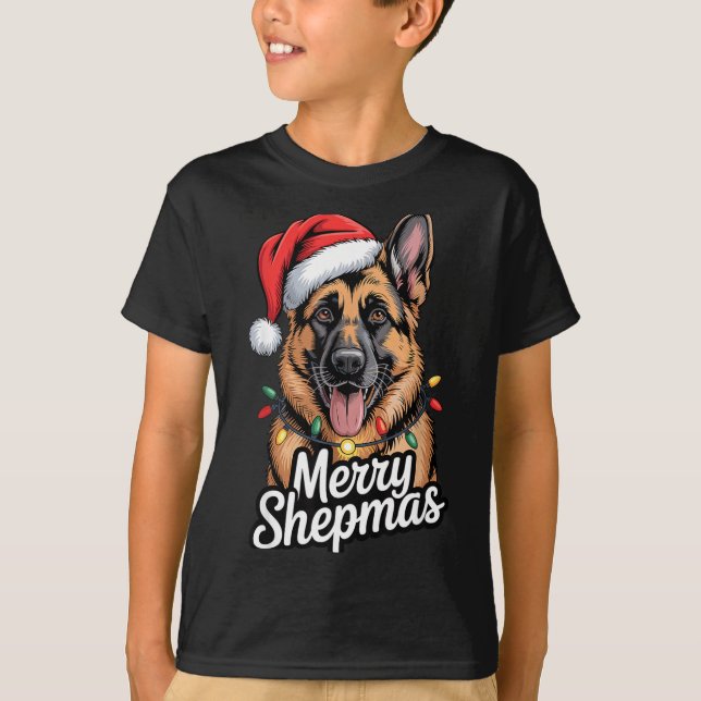 Merry Shepmas German Shepherd Christmas Lights Hum T-Shirt (Front)