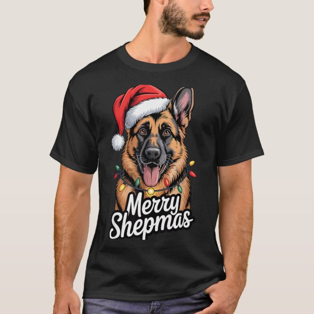Merry Shepmas German Shepherd Christmas Lights Hum T-Shirt (Front)