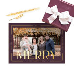 Merry Simple & Modern Gold Frame Family Photo Foil Holiday Card<br><div class="desc">Tis' the season to be merry! Our simple & modern merry foil photo Christmas card. Large full photo placeholder with element double frame gold foil design. "Merry" bold gold foil overplay with a personalized holiday greeting,  family signature,  and year. Design by Moodthology Papery.</div>