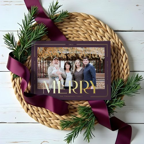 Merry Simple  Modern Gold Frame Family Photo Foil Holiday Card