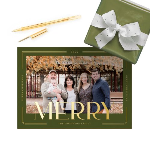 Merry Simple  Modern Gold Frame Family Photo Foil Holiday Card