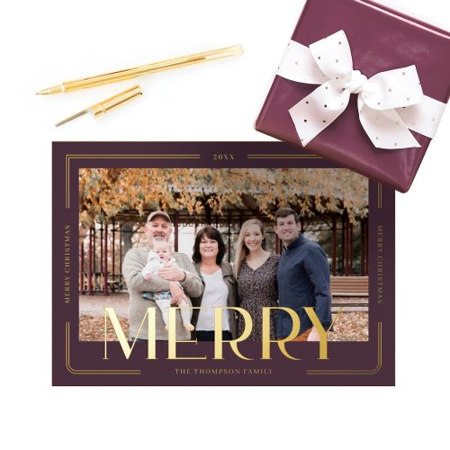 Merry Simple  Modern Gold Frame Family Photo Foil Holiday Card