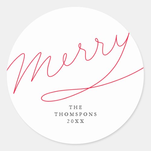 Merry Simple Red Hand Lettered Script Christmas Classic Round Sticker