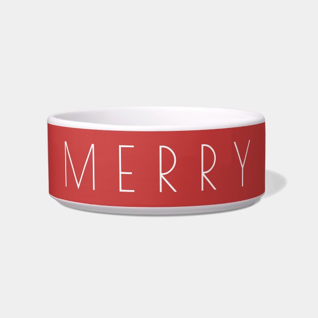Merry Simple Red Minimalist Holiday Pet Bowl (Front)